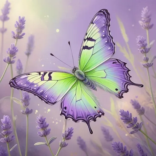 Prompt: lavender and lime green butterfly, vibrant colors, detailed wings with intricate patterns, ethereal and dreamy, high quality, digital painting, fantasy, magical lighting, delicate, whimsical, nature-inspired, soft focus, pastel tones, enchanting atmosphere