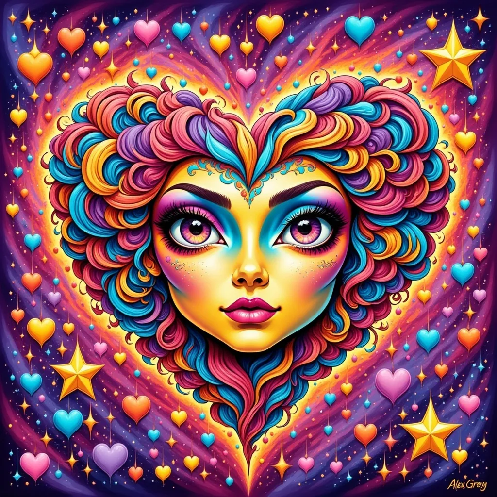 Prompt: a heart with a face and many hearts around it, with stars and hearts around it, and a purple background, Alex Grey, pop surrealism, cheerful, a pop art painting