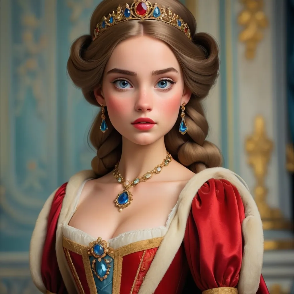 Prompt: portrays beautiful women as historical princesses in sumptuous costumes and settings.