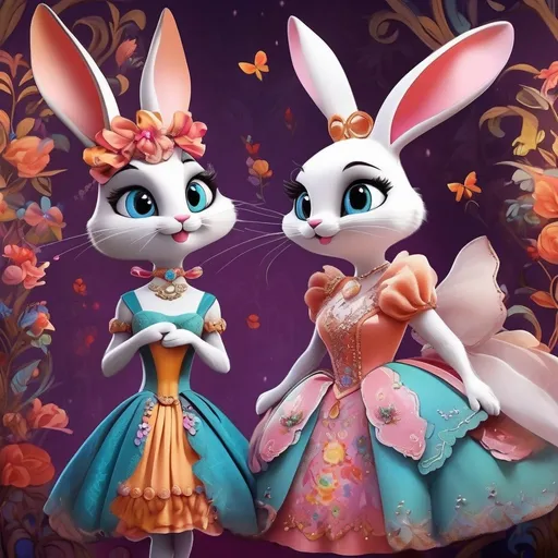 Prompt: <mymodel>Funny illustration of a anthropomorphic rabbit and cat in beautiful dresses , Tim Burton style eyes, bright and colorful, whimsical bright colorful background, comical expressions, high quality, detailed fur, playful, cartoonish, vibrant colors, imaginative lighting