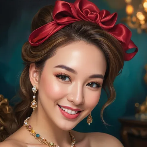 Prompt: <mymodel>Vibrant oil painting of Tiffany, rich and luxurious colors, elegant ball gown with intricate lace details, radiant smile with dimples, sparkling diamond necklace, impeccable makeup and glowing skin, soft golden hour lighting, high quality, oil painting, elegant, vibrant colors, luxurious details, radiant smile, dimples, diamond necklace, makeup details, golden hour lighting