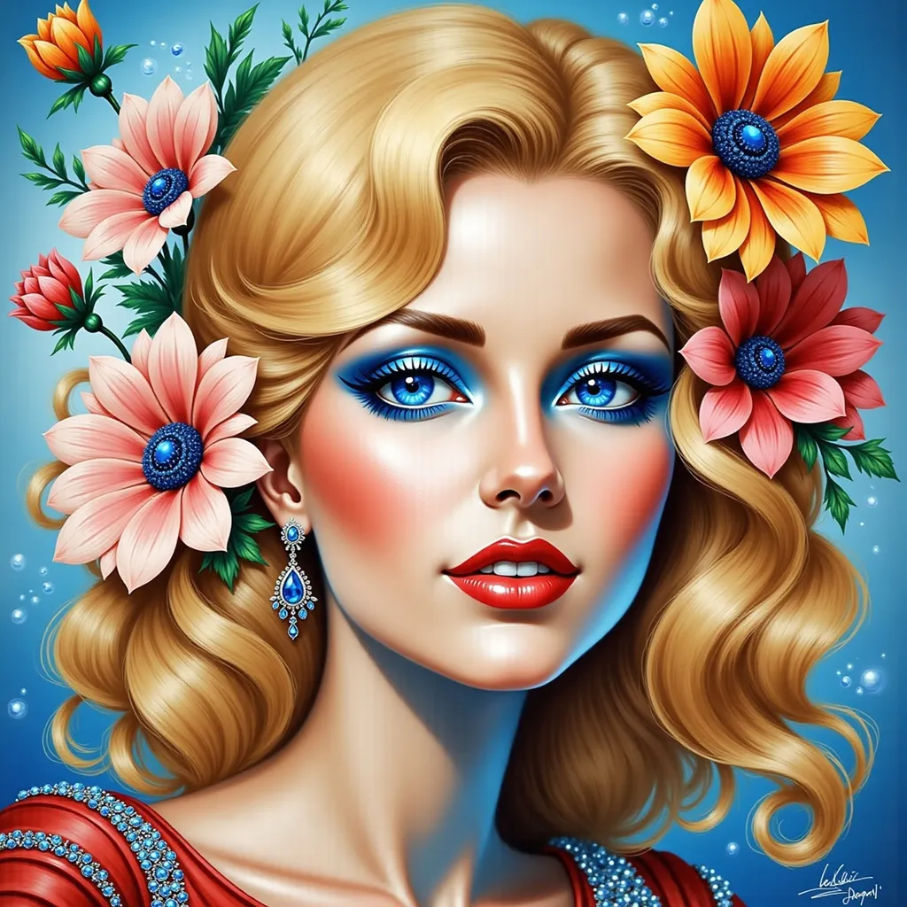 Prompt: a painting of a woman with flowers in her hair and blue eyes, wearing a red dress and a flower in her hair, Edwin Georgi, figurative art, highly detailed digital painting, a pop art painting