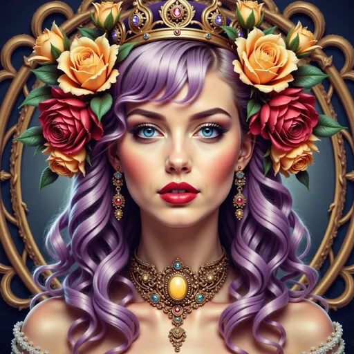 Prompt: a beautiful woman with purple hair wearing a crown and a necklace with roses on it, in a golden frame, Anna Dittmann, fantasy art, highly detailed digital painting, a detailed painting