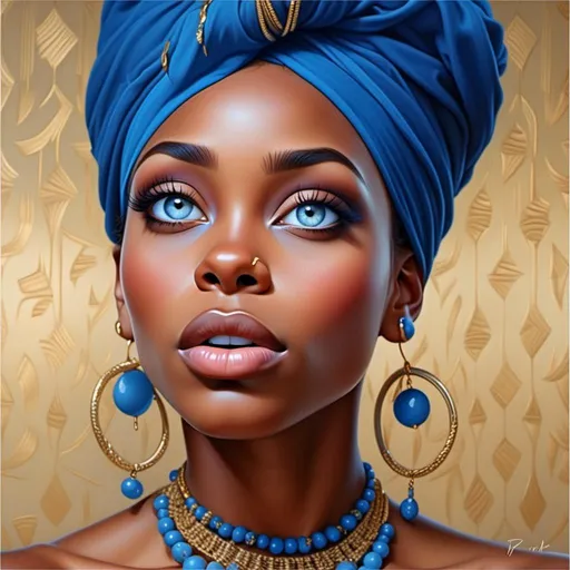 Prompt: <mymodel> a painting of a woman wearing a blue turban and a necklace with a gold necklace on it, Chinwe Chukwuogo-Roy, photorealism, photorealistic portrait, a photorealistic painting