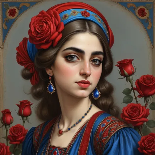 Prompt: a painting of a woman with a red headband and a blue dress and a red rose in her hair, Altoon Sultan, qajar art, highly detailed digital painting, a detailed painting