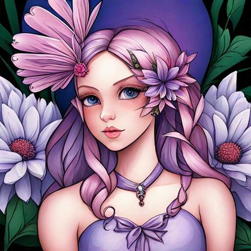 Prompt: purple, pink and blue flower fairy