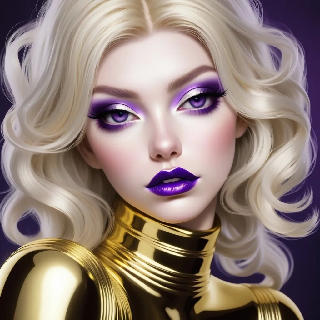 Prompt: Hypnotic bimbo  platinum  blonde   gold lips and purple eyeshadow <mymodel>