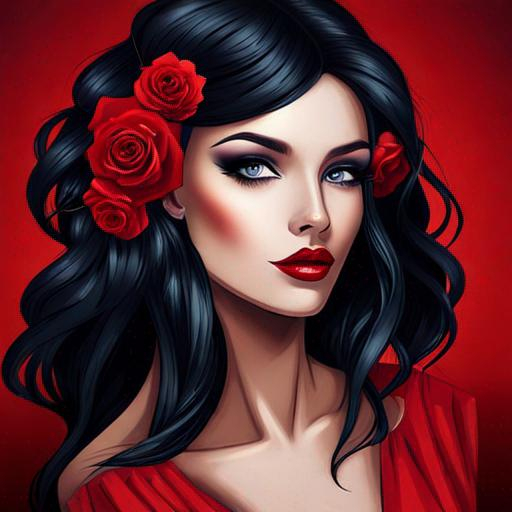 Prompt: A beautiful woman with black hair, beautiful makeup, wearing a red rose in her hair