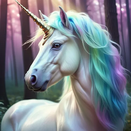 Prompt: Majestic unicorn with iridescent fur, enchanting forest setting, whimsical fantasy art style, vibrant pastel tones, ethereal lighting, detailed mane and horn, surreal, high quality, fantasy, enchanting, iridescent fur, detailed mane, whimsical, pastel tones, vibrant, ethereal lighting, forest setting