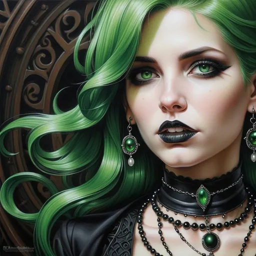 Prompt: a woman with green hair and a black collar and necklace with pearls and pearls on her neck and a black choker, Anne Stokes, gothic art, gothic, an ultrafine detailed painting