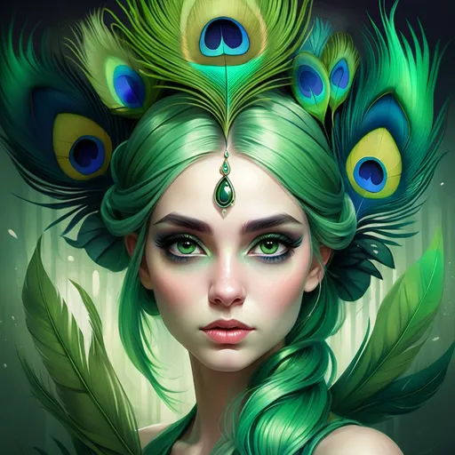 Prompt: a woman with green hair and a peacock costume on her head and a green feather on her head and a green eyeliner, Anna Dittmann, fantasy art, highly detailed digital painting, a photorealistic painting