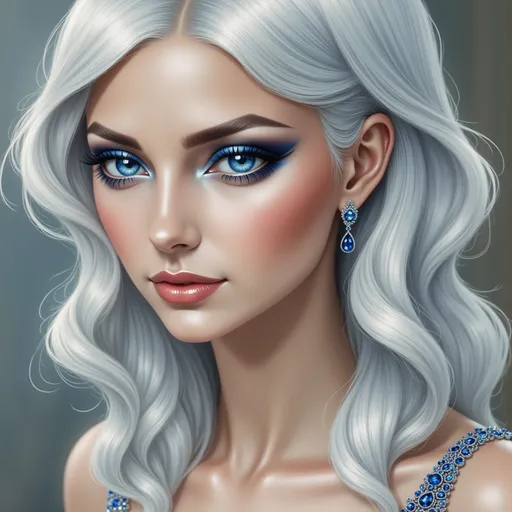 Prompt: (sapphire hues), stunning woman, intricate makeup, thick eyelashes, soft ethereal glow, captivating gaze, dreamy background, luxurious ambiance, high fashion aesthetic, (bridal vibe), dramatic lighting, mesmerizing details, sophisticated elegance, ultra-detailed, HD, vibrant color depth.