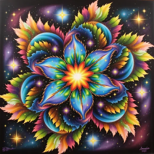 Prompt: a colorful flower with many stars in the background and a black background with a blue and yellow flower in the center, Amanda Sage, space art, fractals, an airbrush painting