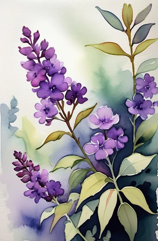 Prompt: watercolor, purple flowers on bush