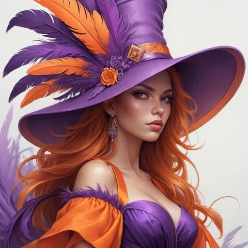 Prompt: a woman wearing a purple hat with orange feathers on it's head and a purple dress with orange and purple feathers on it, Artgerm, fantasy art, highly detailed digital painting, a detailed painting