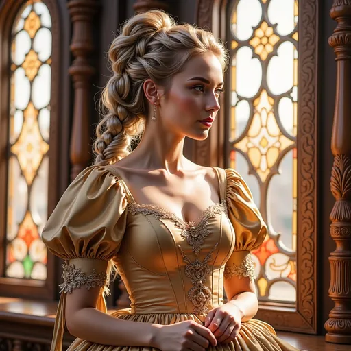 Prompt: Bathed in the warm glow of sunlight filtering through ornate stained glass, a young woman stands elegantly by a window, exuding a regal aura. Her long, intricately braided hair cascades over her shoulder, complementing the rich, golden hues of her lavish gown, which features puffed sleeves and delicate lace detailing. The opulence of her attire is matched by the grandeur of the surrounding architecture, characterized by warm wooden tones and intricate carvings. In this serene moment, her contemplative expression hints at a story of grace and strength, set against a backdrop that feels both timeless and enchanted.