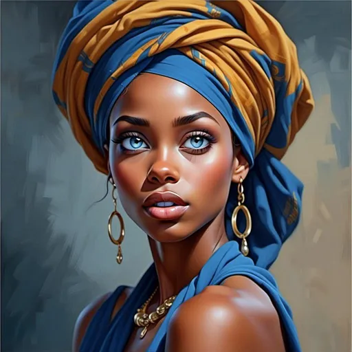 Prompt: <mymodel> a painting of a woman wearing a blue head scarf and a blue necklace with a gold chain around her neck, Chinwe Chukwuogo-Roy, photorealism, highly detailed digital painting, a photorealistic painting