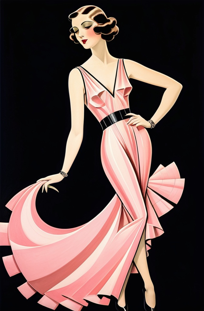 Prompt: a woman in a pink dress with a black background , Edwin Georgi, art deco, stylized, an art deco painting