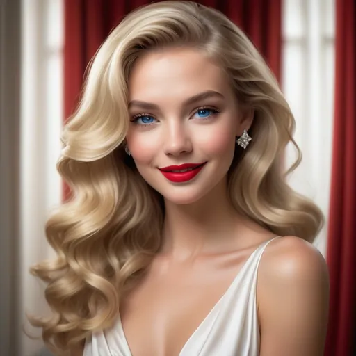 Prompt: Radiating glamour, a stunning woman with lush, wavy blonde hair captures the viewer's attention with her captivating smile and bright red lips. The elegantly draped white dress accentuates her graceful neckline, while a pair of sparkling earrings add a touch of sophistication. The soft lighting bathes her features in warmth, highlighting her flawless complexion and expressive blue eyes. In the background, rich red curtains create a striking contrast, suggesting a luxurious indoor setting, evoking a sense of timeless beauty and allure. The overall atmosphere conveys confidence and charm, reminiscent of classic Hollywood elegance.