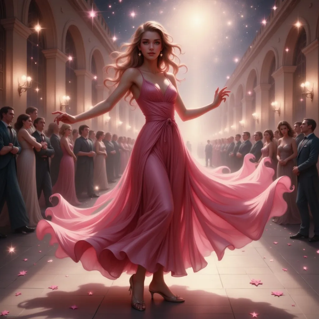 Prompt: a woman in a dress is dancing in a ballroom, disney, arabesque, rossdraws global illumination, a photorealistic painting