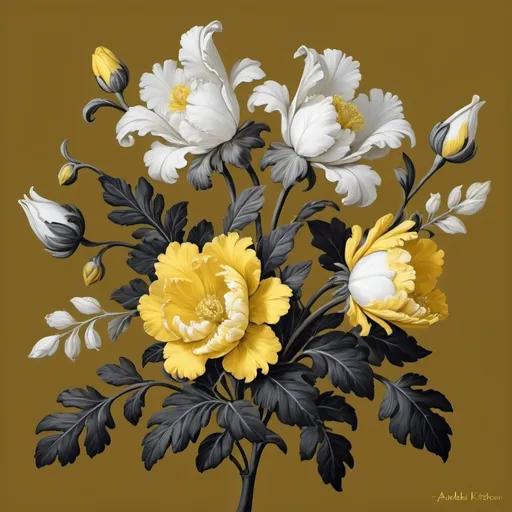 Prompt: a black background with yellow and white flowers on it's sides and leaves on the sides of the flowers, Annabel Kidston, rococo, highly detailed digital painting, a flemish Baroque