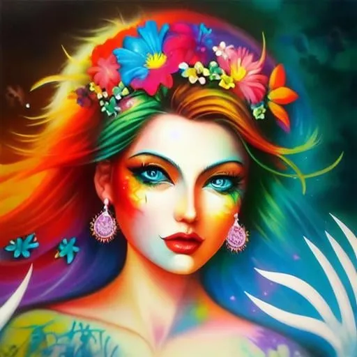 Prompt: Flower Siren graffiti art, splash art, street art, spray paint, oil gouache melting, acrylic, high contrast, colorful polychromatic, ultra detailed, ultra quality, CGSociety