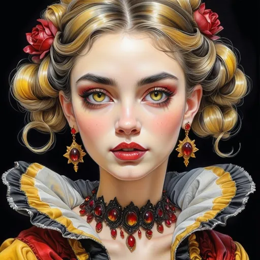 Prompt: <mymodel> beautiful woman, hair pinned up, yellow red black dress, earrings, Watercolor, trending on artstation, sharp focus, studio photo, intricate details, highly detailed, by  Josephine Wall and Jasmine Becket-Griffith