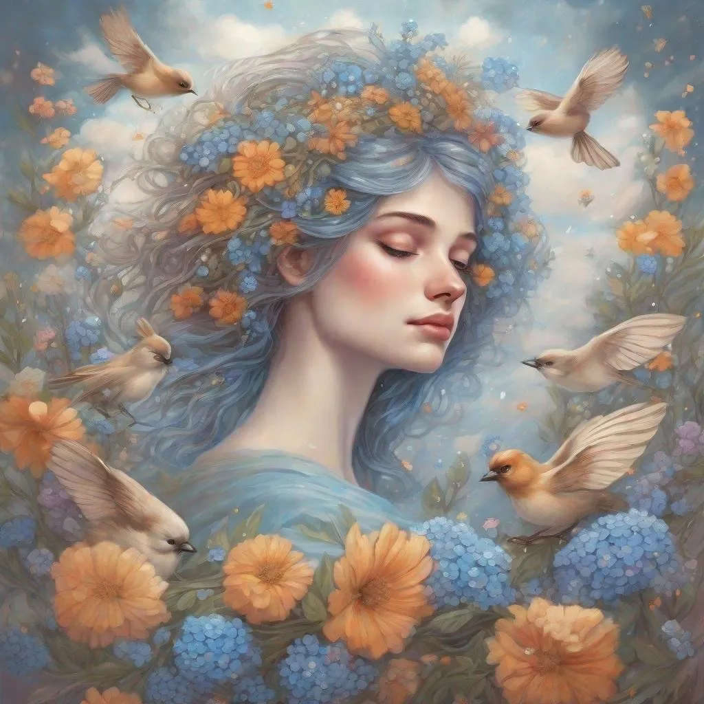 Prompt: A beautiful and colourful Persephone whose hair is made of clouds that rains down forget-me-not flowers and baby's breath flowers, while chickadees fly around in a painted style