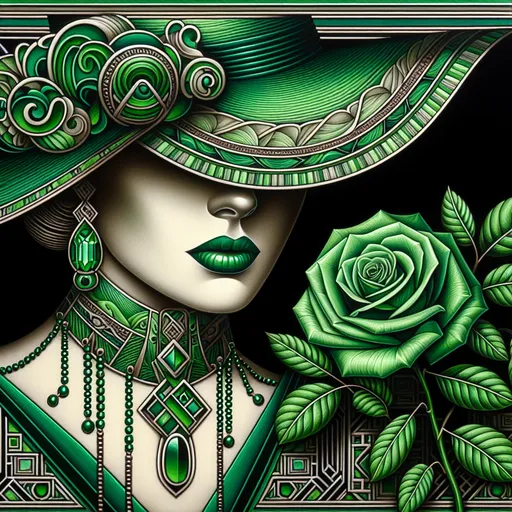 Prompt: <mymodel> a woman with a green hat and green necklaces on her head and a green rose on her head, Charlie Bowater, art deco, highly detailed digital painting, an art deco painting