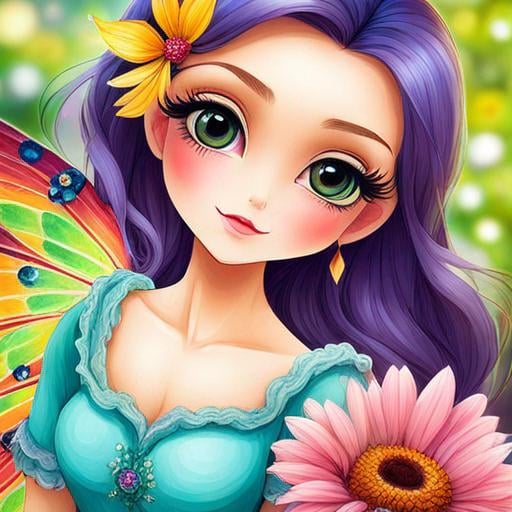 Prompt: Fairy of summer, vivid colors,large eyes, warm coiors, wildflowers, closeup