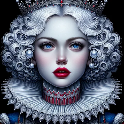 Prompt: a woman with  white hair, blue eyes, a tiara and pearls on her head and a red lip and a blue dress with a red and white collar, Anne Stokes, gothic art, highly detailed digital painting, a detailed painting