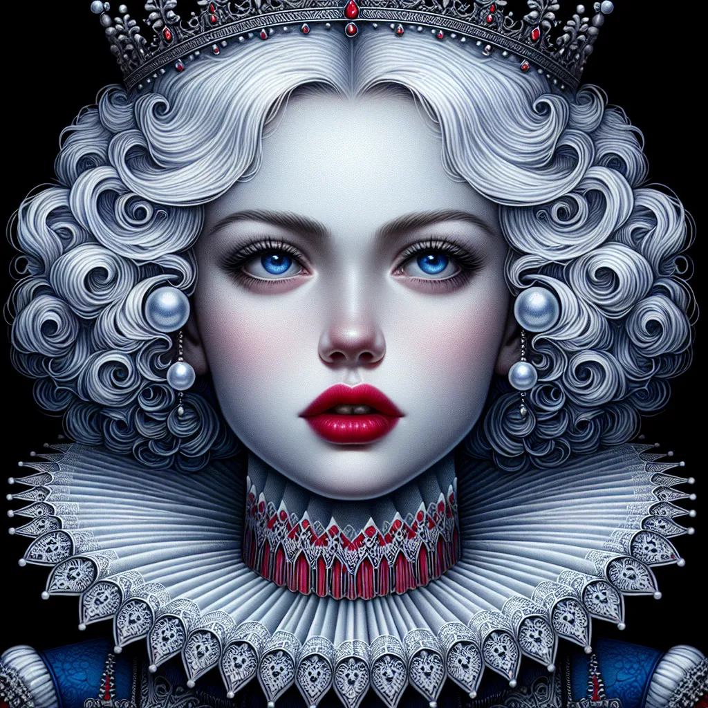 Prompt: a woman with  white hair, blue eyes, a tiara and pearls on her head and a red lip and a blue dress with a red and white collar, Anne Stokes, gothic art, highly detailed digital painting, a detailed painting