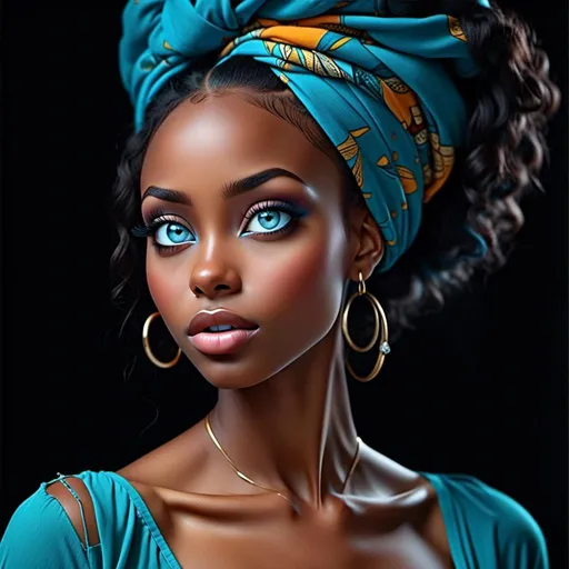 Prompt: Elegant black woman, striking blue eyes<mymodel>