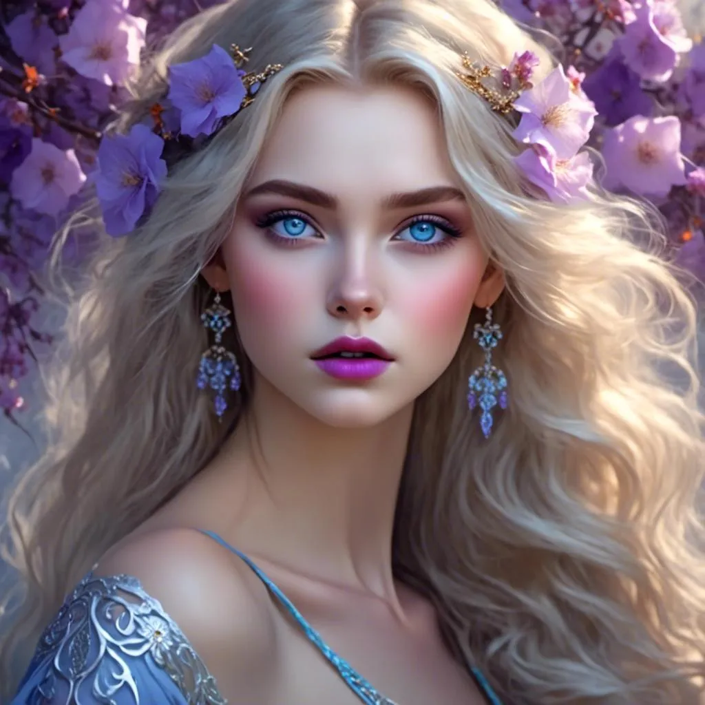 Prompt: <mymodel>Beautiful ethereal woman, long blonde hair,and icy blue eyes color, purple lipstick, facial closeup