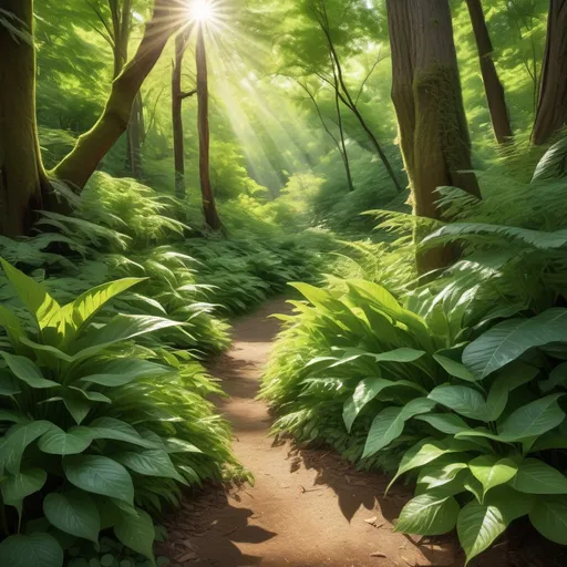 Prompt: (vibrant green imagery), (lush foliage), rich textures, serene nature scene, bright sunlight filtering through leaves, refreshing and revitalizing atmosphere, peaceful and tranquil vibes, high quality, ultra-detailed, emphasizing nature's beauty and vitality, relaxed wilderness setting, soft shadows dancing on the ground, organic shapes and patterns, warm and inviting light.