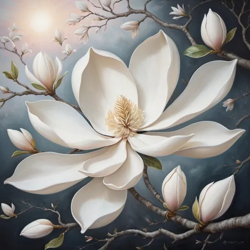 Prompt: Surreal white magnolia blossom painting, dreamlike atmosphere, intricate floral details, oil painting, high quality, surrealism, soft pastel tones, ethereal lighting, mystical, detailed petals, imaginative, art nouveau, whimsical, delicate brushstrokes, mystical, soft, serene, tranquil