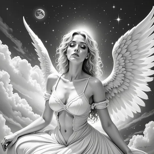 Prompt: an angel wings sitting on a cloud covered ground with her eyes closed and her hands clasped to her chest, Anne Stokes, gothic art, angelic, an ultrafine detailed painting