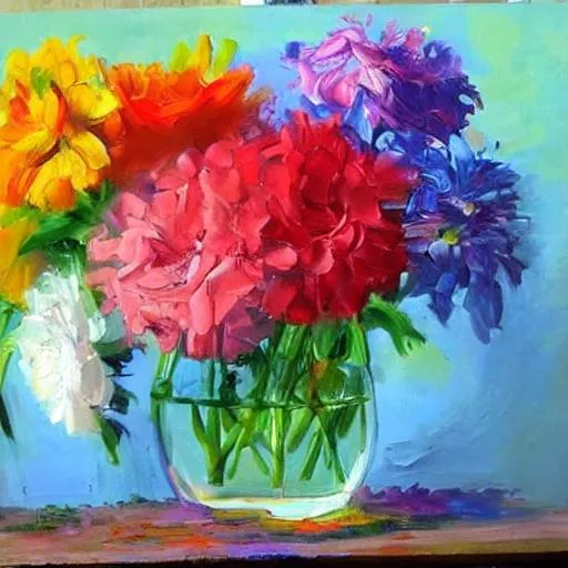 Prompt: flowers, paint, oil, art, colourful