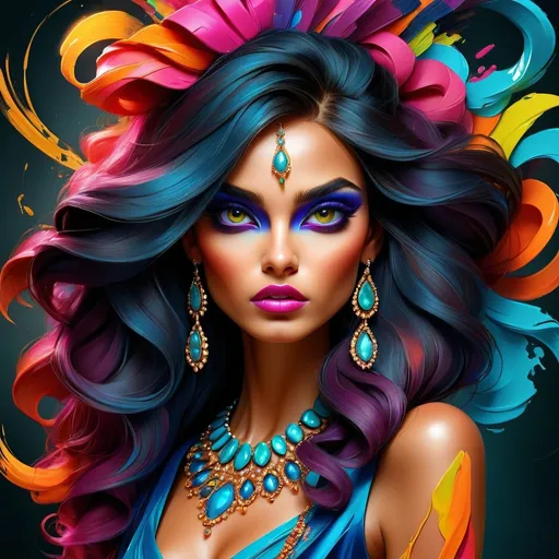 Prompt: digital painting, dramatic colourful makeup, high fashion, intense gaze, realistic portrayal, vibrant colors, detailed features, highres, professional, dramatic, realistic, digital painting, intense gaze, vibrant colors, detailed features, high fashion, glamorous lighting