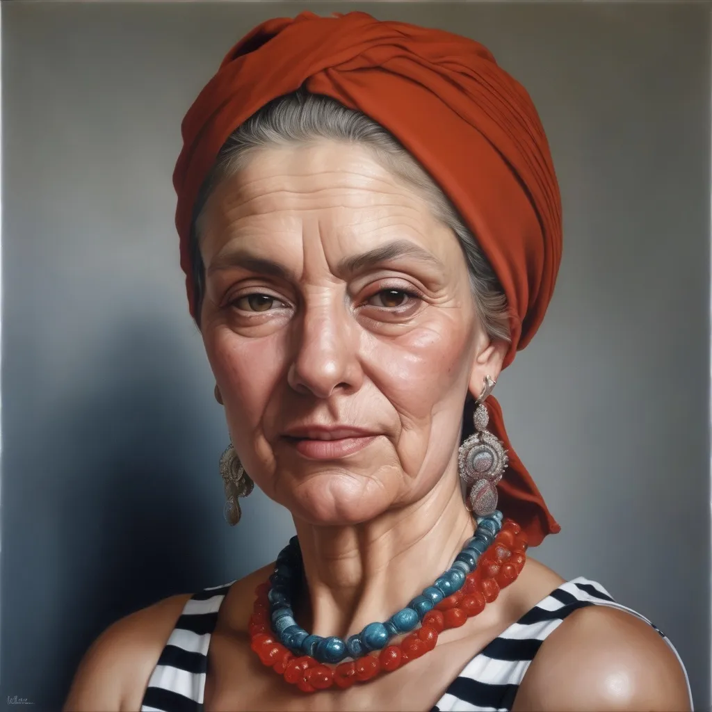 Prompt: <mymodel> a woman with a turban and a necklace on her neck and a striped shirt on her shoulder, Art Brenner, photorealism, extremely detailed oil painting, a photorealistic painting