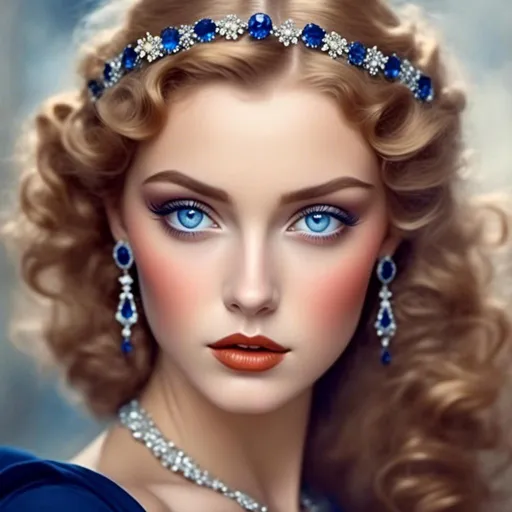 Prompt: <mymodel>Glamorously dressed lady of rhe 1930's wearing sapphire jewelry,blue eyes