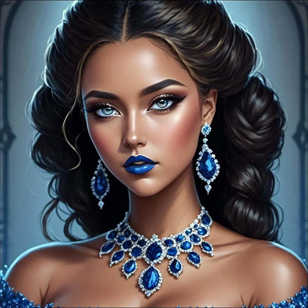 Prompt: <mymodel>a Sapphire lady, feminine elegant princess ,  dark hair, large blue eyes, wearing jewls in her hair,  beautiful makeup, blue eyeshadow, dark pink lipstick, facial closeup