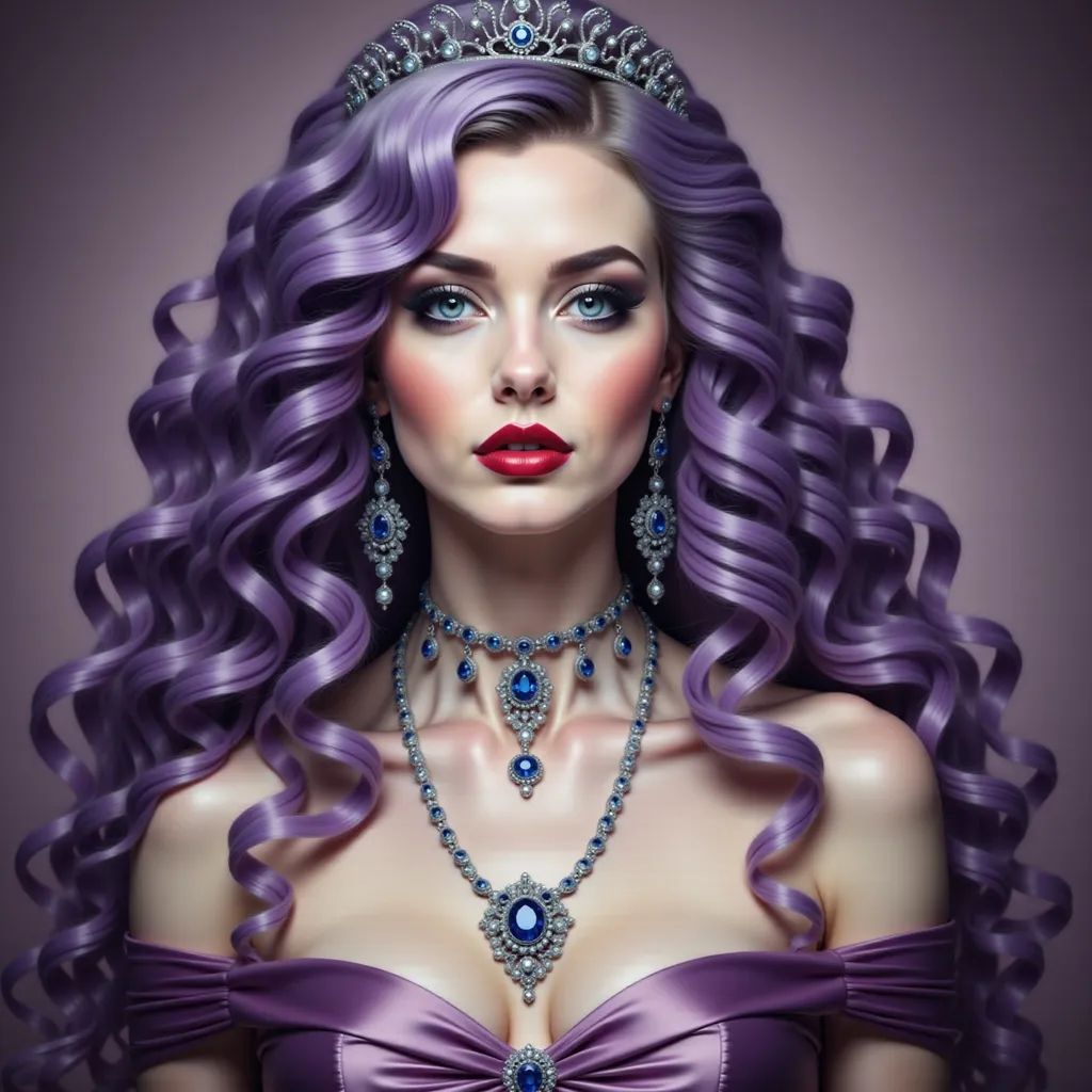 Prompt: a woman with purple hair wearing a tiara and a purple dress with a diamond necklace and earrings on, Anne Stokes, gothic art, highly detailed digital painting, a detailed painting