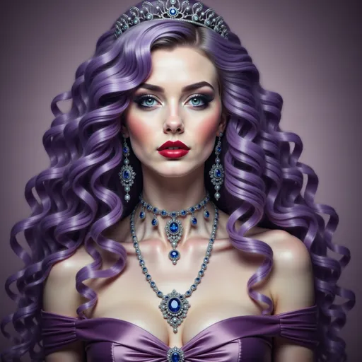 Prompt: a woman with purple hair wearing a tiara and a purple dress with a diamond necklace and earrings on, Anne Stokes, gothic art, highly detailed digital painting, a detailed painting