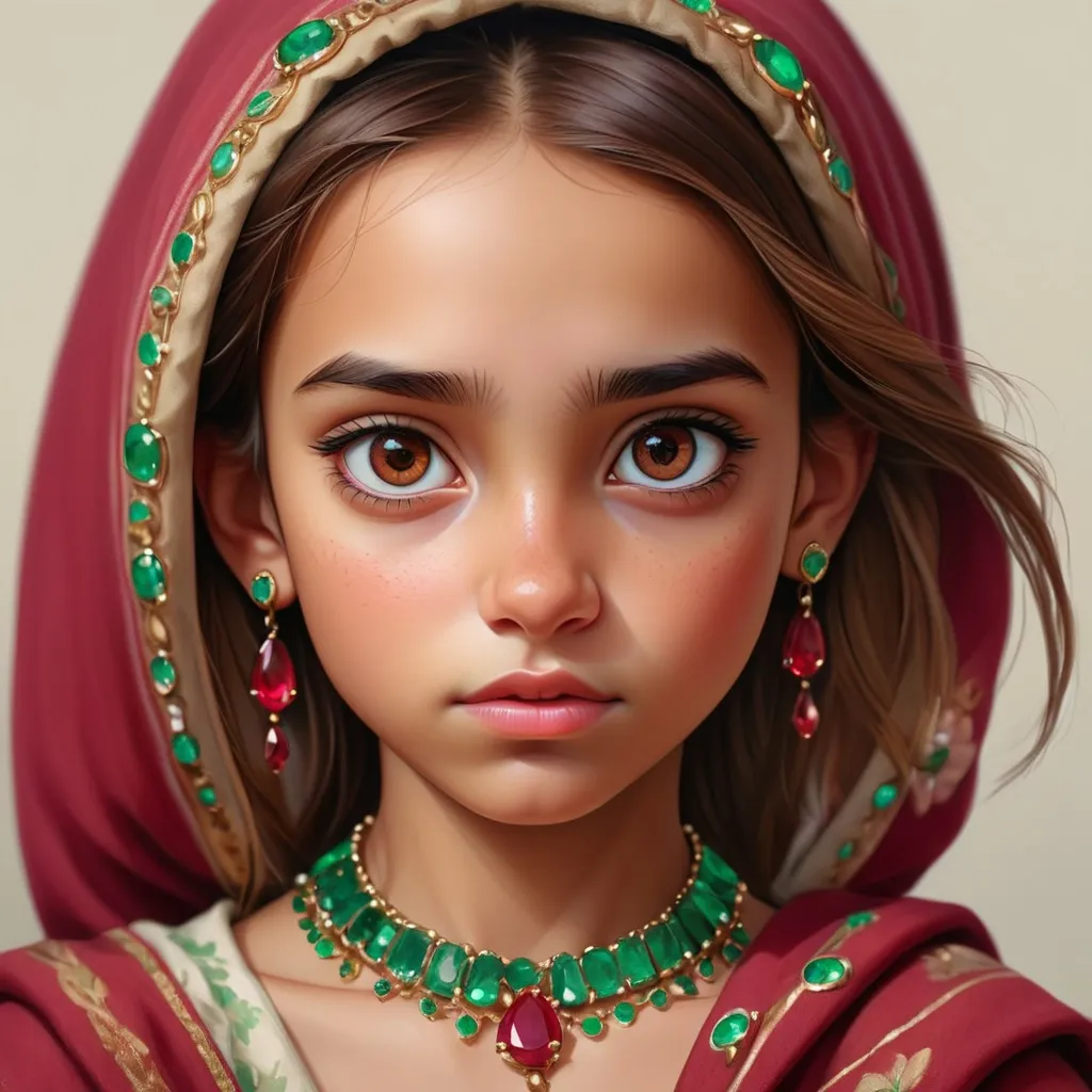 Prompt: Detailed realistic digital portrait of a young girl, brown eyes, ruby and emerald jewelry