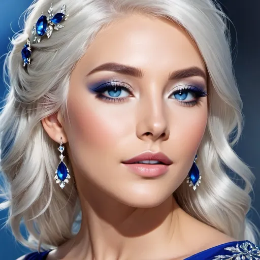 Prompt: A beautiful woman, white hair, blue eyes, blue eyeshadow, blue jewels o