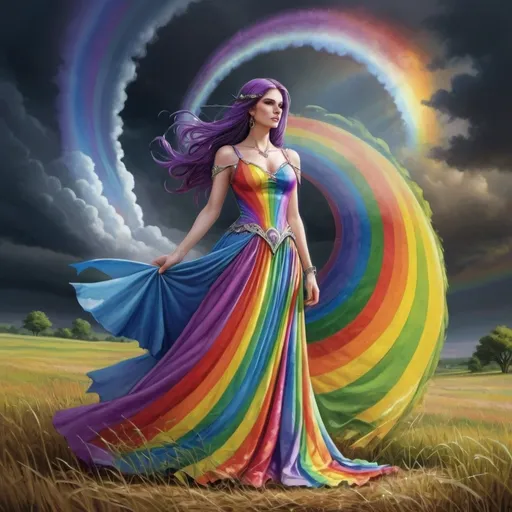 Prompt: a woman dressed in a rainbow outfit standing in a field and a rainbow - colored dress, Anne Stokes, fantasy art, fantasy style, a storybook illustration