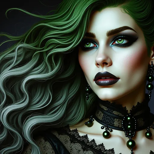 Prompt: a woman with green hair and a black collar and necklace with pearls and pearls on her neck and a black choker, Anne Stokes, gothic art, gothic, an ultrafine detailed painting