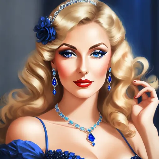 Prompt: Glamorously dressed lady of rhe 1930's wearing sapphire jewelry,blue eyes