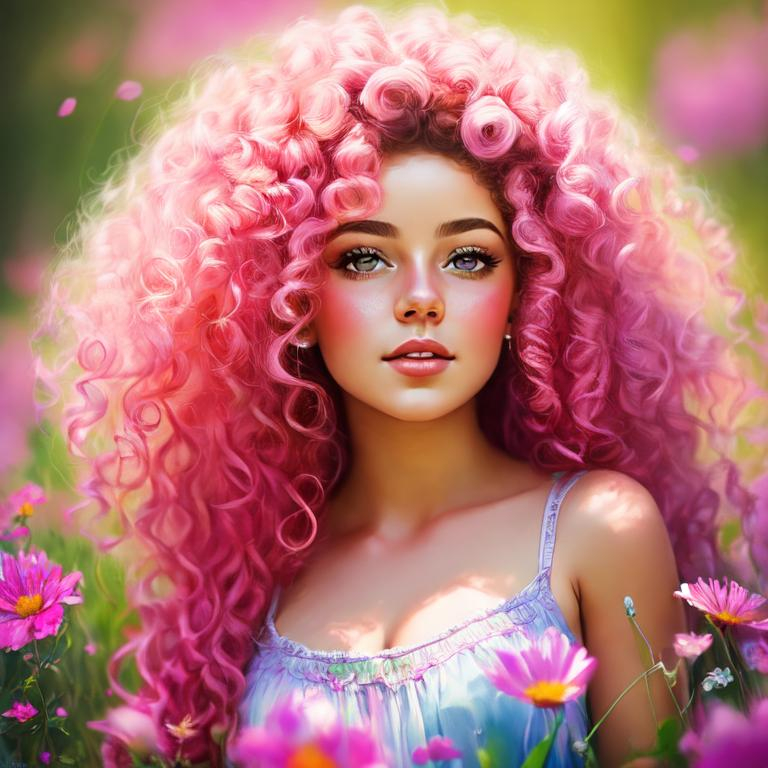 Prompt: a young fairy of spring, very curly hair, pink glow on cheeks,wildflowers, vivid colors, closeup